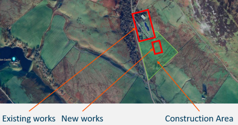 Aerial footage of existing treatment works and construction area for installation of new infrastructure