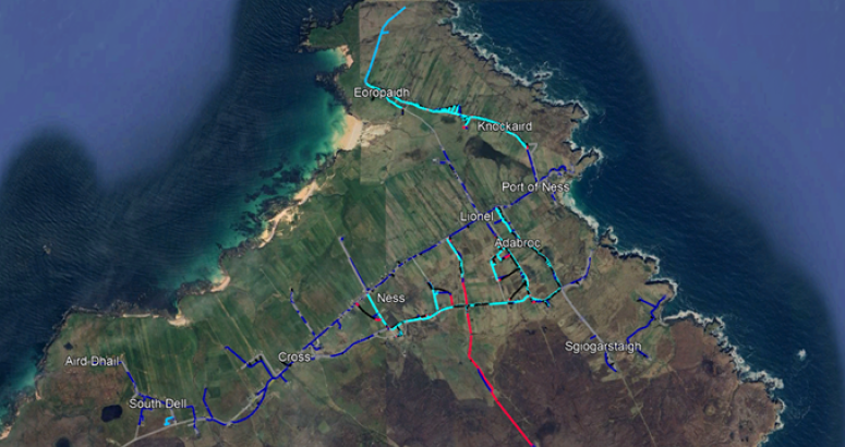 Satellite image of the Isle of Lewis in Scotland showing various marked locations and roads, with an overlay of transport or connectivity routes in blue and red lines.