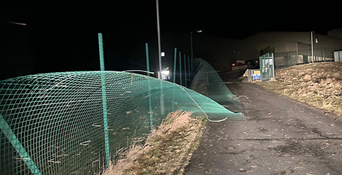 Green fence blown down at Lochinver Water Treatment Works during Storm Eowyn
