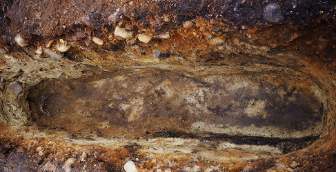Mid-excavation image of grave showing cranium to left and stains of body including legs to right